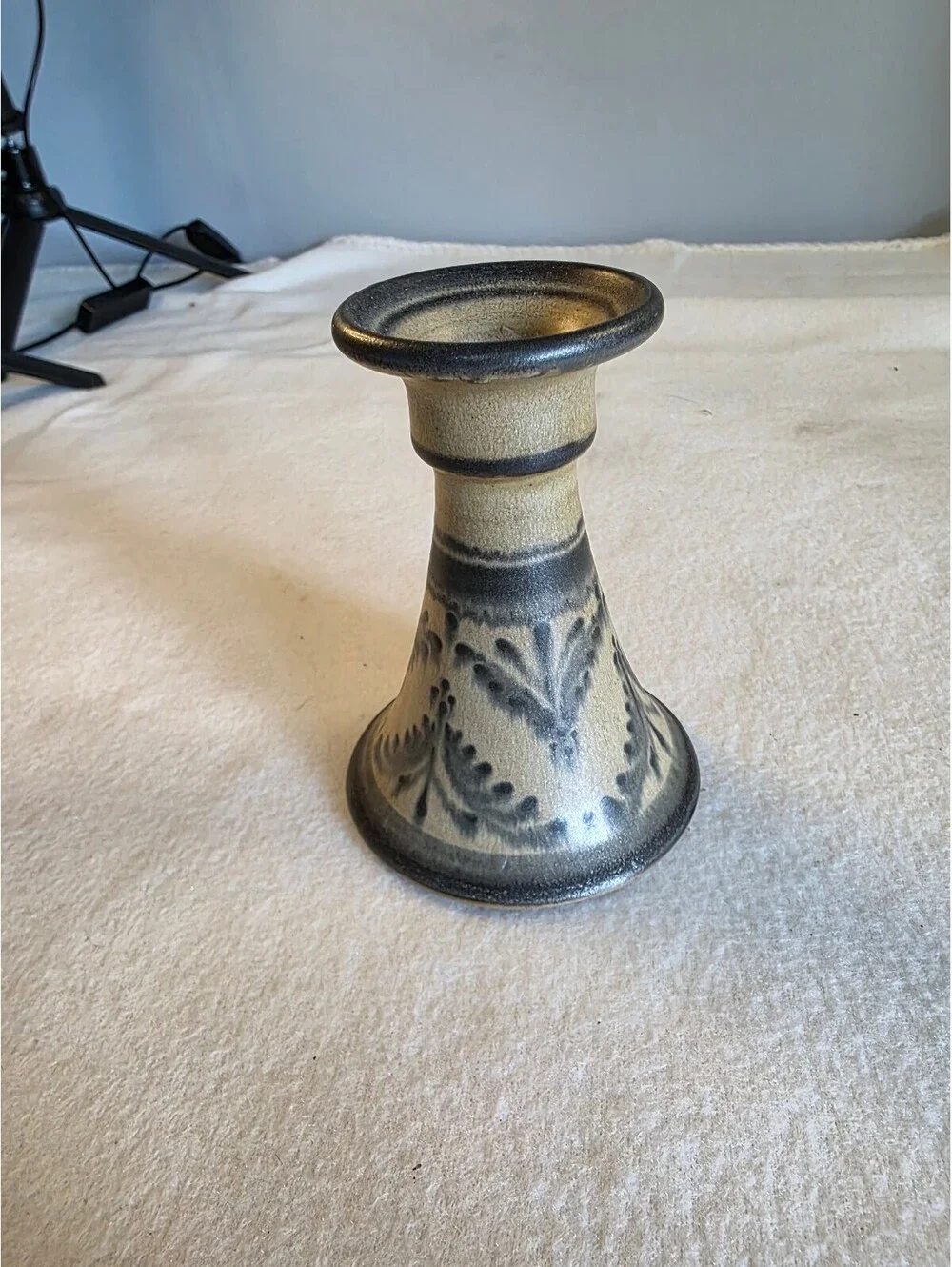 Vintage Signed Studio Pottery Stoneware Candlestick Holder Blue Gray 4